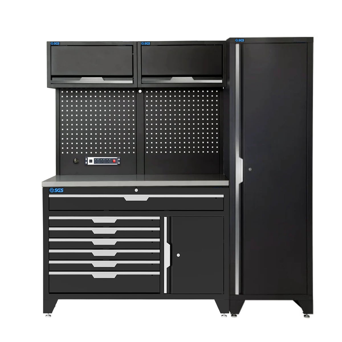 SGS 7pc Modular Garage Storage | Deeper Stainless Steel Double Worktop | 7 Drawers | 3x Lift‑Up Wall Cabinets | Deep Tall Single Cabinet | Pegboard with Power Strip